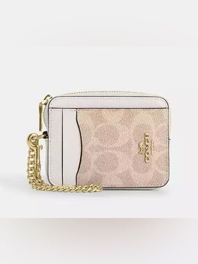 Coach Mini Signature Card Case Crossbody in Sand/ Cream and Gold-Tone